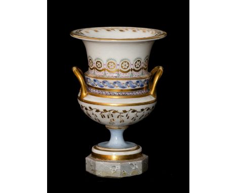 RARE SWANSEA PORCELAIN VASE, circa 1815-1817, painted with bands of florets and ribbons in enamels and gilt, twin loop handle