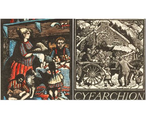 ‡JOHN PETTS (1914-1991) two woodcut prints - entitled, 'Nadolig yn y Fferm' and 'Cyfarchion', similar sizes, the largest bein