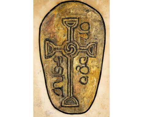 ‡GWILYM PRICHARD (1931 - 2015) mixed media on paper - Celtic stone with inscription, signed and dated '68, 74 x 49cmsProvenan