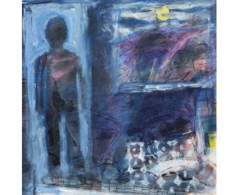 ERNEST ZOBOLE (1927-1999) mixed media on paper - nocturnal landscape with figure at doorway, 40 x 40cmsProvenance: from colle