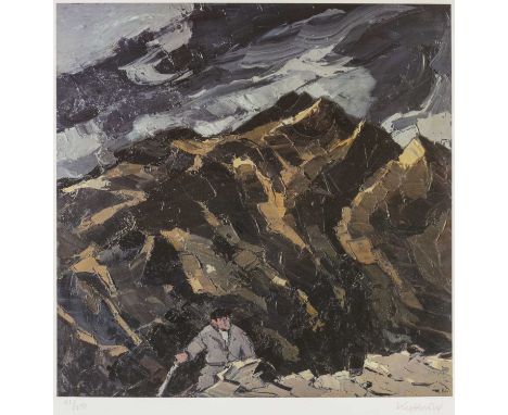 ‡SIR KYFFIN WILLIAMS RA (1918-2006) limited edition (61/250) print - farmer below Snowdon, fully signed in pencil, 56 x 56cms