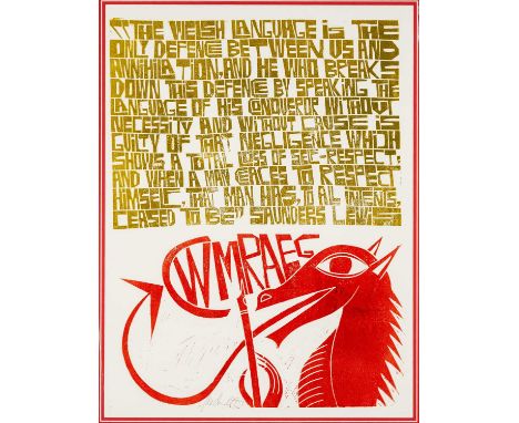 ‡ PAUL PETER PIECH (1920-1996) two colour woodcut print - quote from Welsh politician Saunders Lewis 'The Welsh Language is t