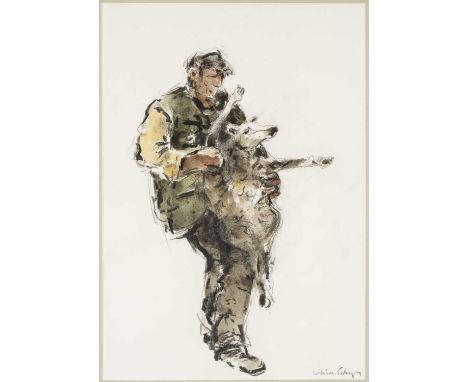 ‡WILLIAM SELWYN (b.1933) mixed media - shepherd wrestling with sheep pre-shear, signed, 38 x 26cmsProvenance: private collect