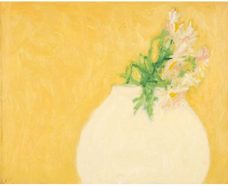 ‡MICHAEL CROWTHER (b.1946) oil on panel - entitled verso 'Flowers in Flat Vase II' on Martin Tinney Gallery label, signed wit