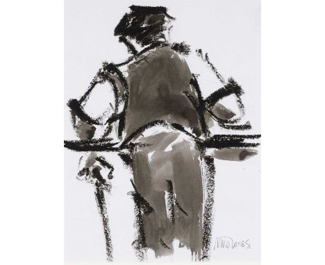 ‡MIKE JONES (1941 - 2022) mixed media - farmer with a stick leaning over fence, signed, 25.5 x 19cmsProvenance: private colle