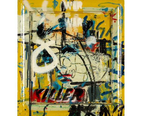 NEALE HOWELLS (b.1965) mixed media on wood panel - entitled verso, 'Yellow Twiggy', signed and dated verso 2020, 41.5 x 38cms