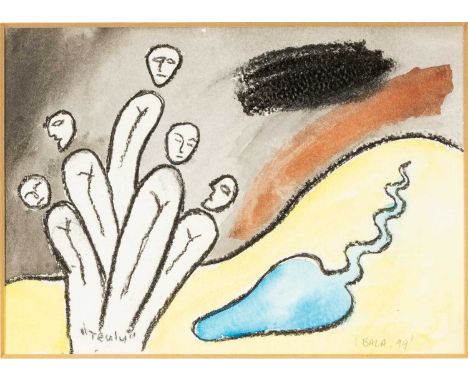 ‡IWAN BALA (b.1956) mixed media on paper - entitled verso, 'Y Teulu', signed and dated '99, 14 x 20cmsProvenance: private col