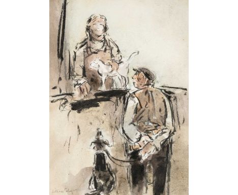 ‡WILLIAM SELWYN (b.1933) mixed media - figures, cat and dog, signed, 39 x 28cmsProvenance: private collection Buckinghamshire