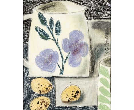 ‡SUSAN GATHERCOLE (b. 1962) mixed media - entitled verso 'Little Jug and Quail Eggs' on Martin Tinney Gallery label, signed, 
