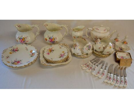 Collection of Royal Crown Derby Posies pattern ceramics including a part tea service, 2 jugs, 3 dishes, 5 side plates, salt &