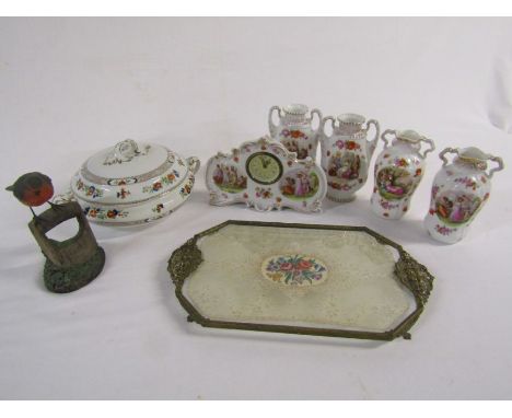 Collection of items to include Victoria decorated clock and vases, Christopher Holt '110 Robin on Spade', lace insert dressin