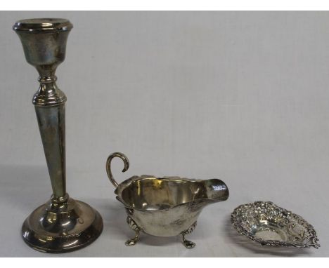 Silver candlestick with loaded base Sheffield 1972&nbsp; A T Cannon Ltd, silver sauce boat Birmingham 1908 William Aitken 3.0