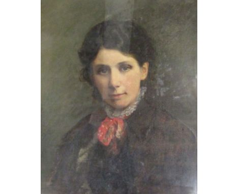 Oil on canvas portrait of Lucie Burton signed Flossie 1882 (possible Florence Hardy) 49cm x 59cm (including frame)