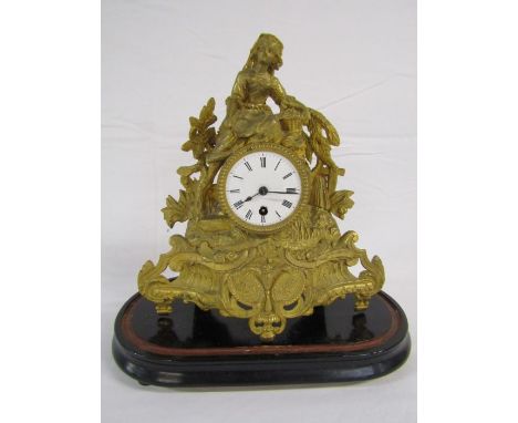French gilt metal figural mantel clock with wooden stand (af)