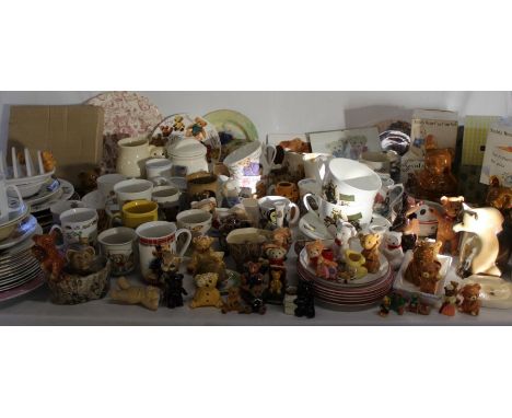 Large collection of teddy bear themed crockery and ornaments including Harrods cups and saucers