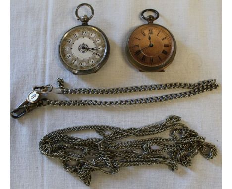 Continental silver fob watch with decorative enamel dial, gold plated fob watch with engine turned face &amp; 2 white metal c
