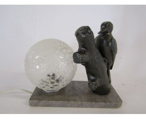 Art Deco lamp with woodpecker on marble base approx. 21cm x 19cm x 18cm