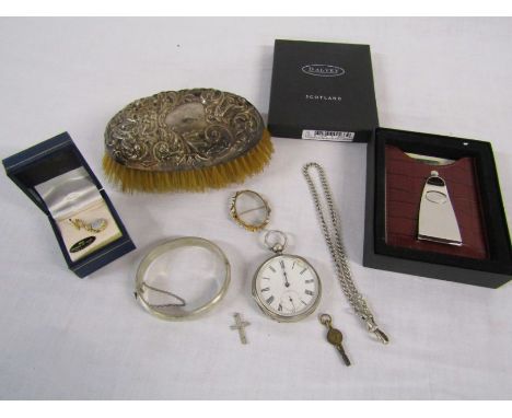 Selection of small collectables including a silver hairbrush, silver bangle RPH Birmingham 1976 W 0.58ozt engraved JJ, a gold