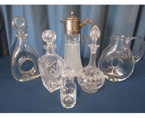 Collection of crystal and glass, to include claret jug, spirit decanter, Sherry decanter, Orefors jug, flask and oil jug