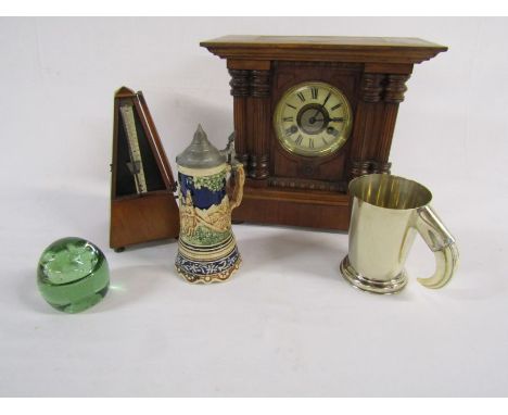 Collection of items to include Maelzel Metronome, wooden mantel clock, horn handled mug, glass dump paper weight and musical 