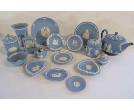 Collection of Wedgwood blue Jasper Ware to include teapot, plates, lighter, trinket dishes etc&nbsp;