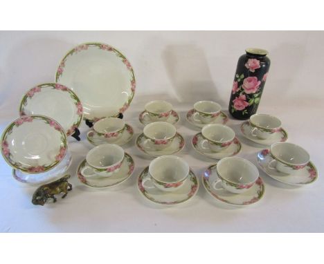 Alfred Meakin cups and saucers and cake plate (some faded and chipped), Ducal vase and a brass bull (plate stands for display