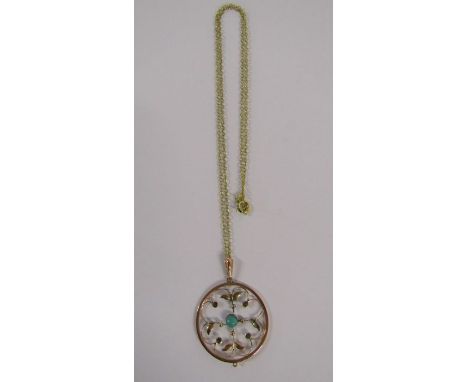 9ct gold pendant with turquoise stone (possibly missing 4 smaller ones) and a German K&amp;L chain (gold plate) - pendant app