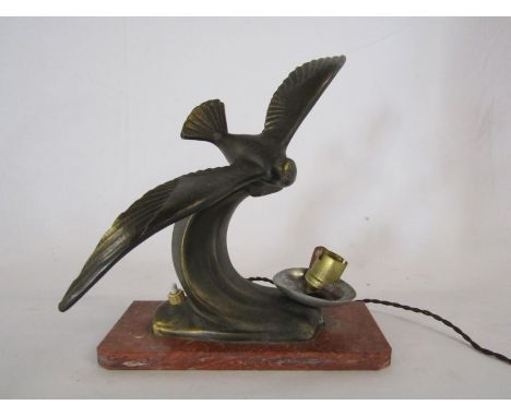 Art Deco spelter seagull lamp with marble base approx. 21.5cm x 24cm x 15.5cm&nbsp;