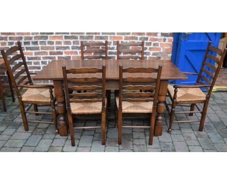 Reproduction Georgian oak table L 168cm W 82cm H 80cm &amp; 6 rush seated ladder back chair