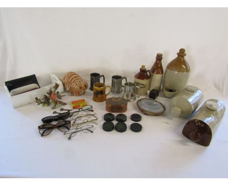 Collection of items to include stoneware bottles, glasses, Bindi bird ornament, a large print picture, smoked glass punch set