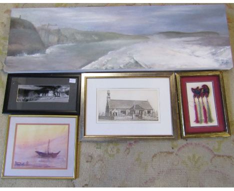Mixed selection of pictures to include - decorative framed fringed model of Chinese Lion Dog from Hong Kong - 37cm x 27cm (si