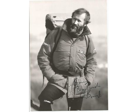 Chris Bonington 2 signed photos portrait and him climbing Oldman of Hoy 1966 and one signed compliment slip. Good Condition. 