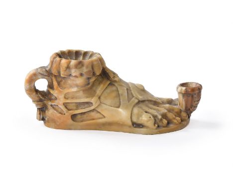 AFTER THE ANTIQUE, AN ITALIAN SIENA MARBLE MODEL OF AN OIL LAMP 19TH CENTURY In the form of a sandalled foot 19cm wide, 8cm h