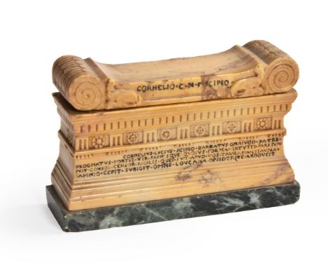 AN ITALIAN MODEL OF THE TOMB OF SCIPIO IN GIALLO ANTICO MID 19TH CENTURY With a Verde Antico base 8cm high, 12cm wide Provena