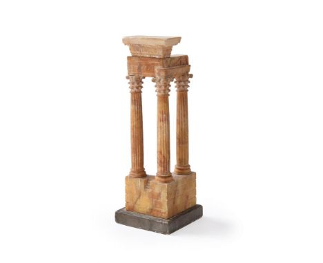 AN ITALIAN ALABASTER MODEL OF THE TEMPLE OF VESPASIAN, ROME19TH CENTURY Mounted on a grey marble base10cm wide, 21cm highProv