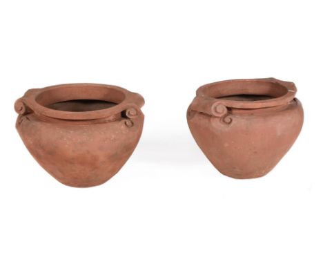 A PAIR OF COMPTON POTTERY TERRACOTTA 'SCROLL' POTSEARLY 20TH CENTURYEach with scroll handles, with Compton Pottery stamps to 