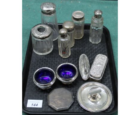 A collection of silver and silver lidded items including compact, salts, jars etc, weighable silver approx 120g