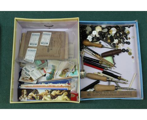 A selection of vintage wool working tools, a few vintage buttons, three hallmarked silver spoons plus a box of mixed loose ci