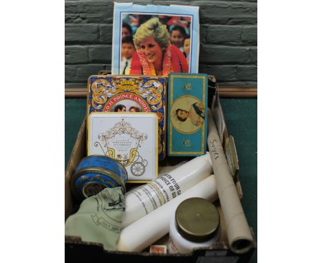 Various Royal commemoratives including biscuit tins, Diana calendar etc and a Stratton compact