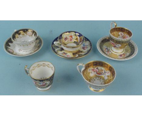 Three early 19th Century cabinet cups and saucers, all hand painted and decorated with flowers, one marked 2/1309 (cup as fou