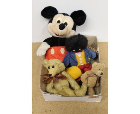 A Mickey Mouse toy plus a bean filled bear by 'Buddy Bear', vintage golly etc