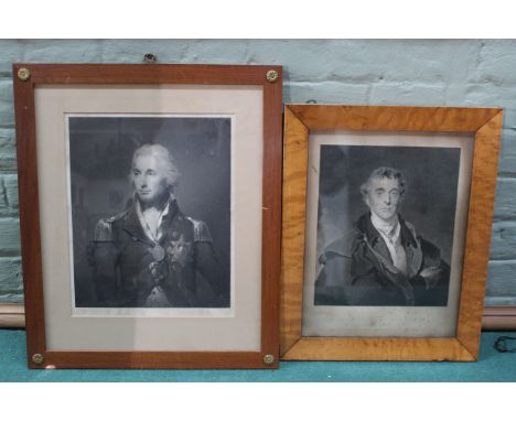 A framed print of Nelson and a maple framed print of the Duke of Wellington