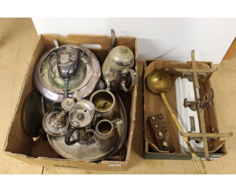 A box of mixed metalwares including silver plate, brass ladle, a set of scales and a set of weights