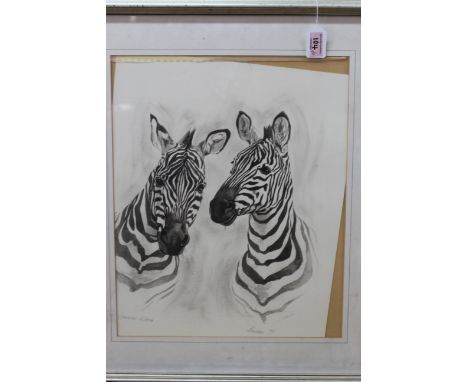 A watercolour and pencil painting 'Common Zebra' by Francesca '93, 49cm x 40cm plus a pencil sketch by Tom Greenfield, 36cm x