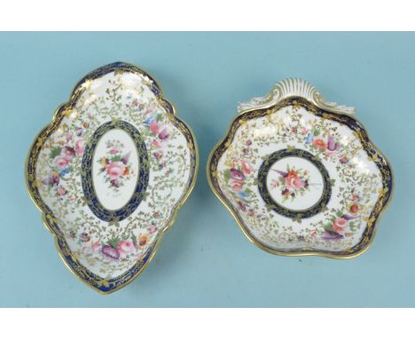 Two early 19th Century hand painted dishes, one with shell shape handle (light wear to decoration)