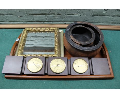 A large wooden tray plus a triple wooden framed barometer set, two mirrors and ceramic pots
