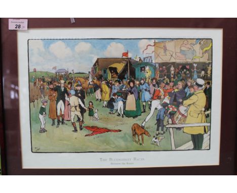 A framed Cecil Aldin print dated 1901 'The Blue Market Races', 37cm x 23cm plus a framed 1906 Loan Bond certificate, written 