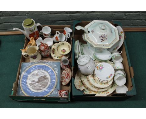 Two boxes of mixed china to include a large Calyx ware soup tureen with ladle, a Meakin coffee pot and cups etc