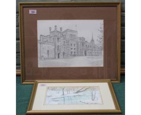 A framed pencil sketch 'Ashridge House Hertfordshire' signed Mike Ewings 1984, 35cm x 25cm plus a framed watercolour of a win
