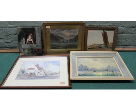 An unframed oil on canvas of a young girl at a balcony titled 'The Outlaw', three oils of ducks and boats etc plus a framed w
